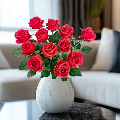 12PCS Fake Red Roses Artificial Red Flowers Bulk, Silk Faux Roses with Stems for Wedding Centerpieces Bridal Bouquets Home Decor Party Floral Arrangements