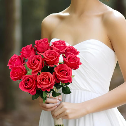 12PCS Fake Red Roses Artificial Red Flowers Bulk, Silk Faux Roses with Stems for Wedding Centerpieces Bridal Bouquets Home Decor Party Floral Arrangements