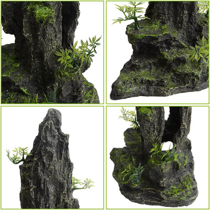 14.4" Tall Aquarium Cave Decor, Large Resin Mountain Hideout with Artificial Plants, Rock Shelter for Betta & Cichlid, Landscape Ornament for 20-40 Gallon Freshwater & Saltwater Tank