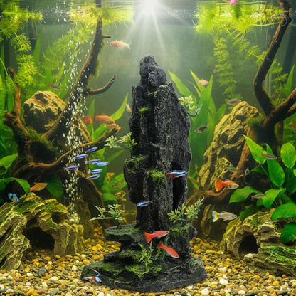 14.4" Tall Aquarium Cave Decor, Large Resin Mountain Hideout with Artificial Plants, Rock Shelter for Betta & Cichlid, Landscape Ornament for 20-40 Gallon Freshwater & Saltwater Tank