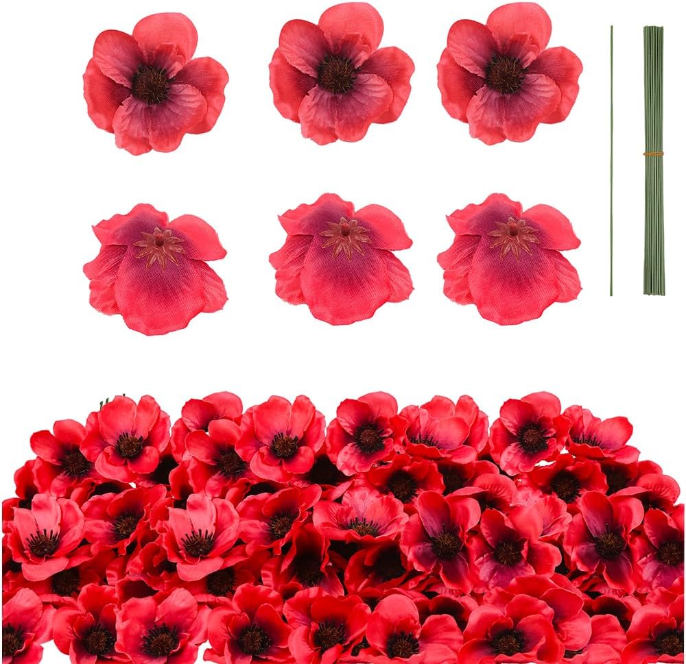 50Pcs Poppy Artificial Flowers Fake Poppies Head with Flower Branch for Veterans Day Remembrance Bouquet Memorial Day Corsages Home Kitchen Floral Wreath Garland Cake Ornaments Decoration (Red)