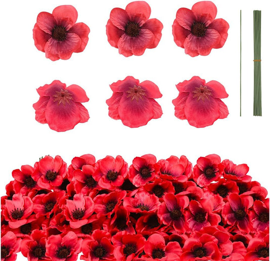 50Pcs Poppy Artificial Flowers Fake Poppies Head with Flower Branch for Veterans Day Remembrance Bouquet Memorial Day Corsages Home Kitchen Floral Wreath Garland Cake Ornaments Decoration (Red)