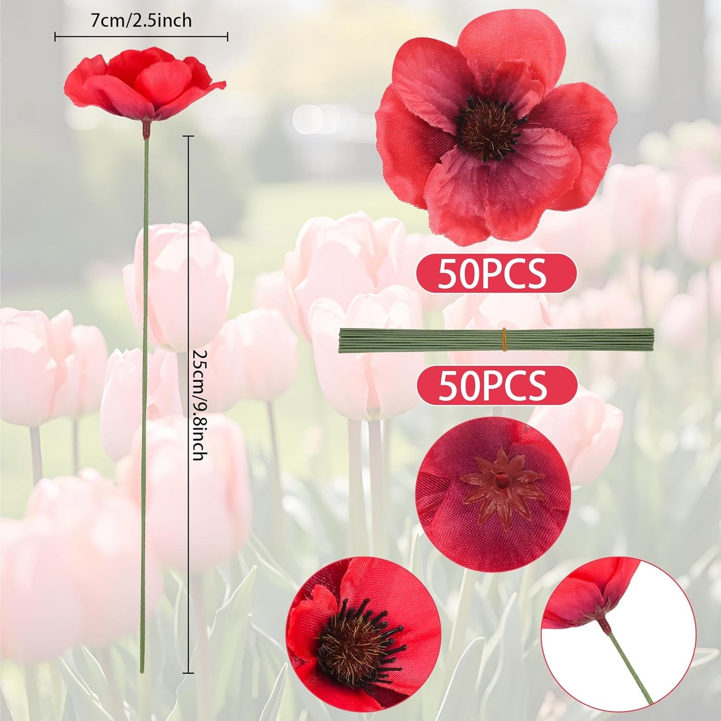 50Pcs Poppy Artificial Flowers Fake Poppies Head with Flower Branch for Veterans Day Remembrance Bouquet Memorial Day Corsages Home Kitchen Floral Wreath Garland Cake Ornaments Decoration (Red)