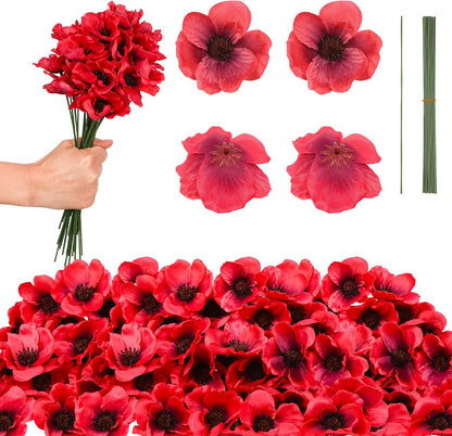 50Pcs Poppy Artificial Flowers Fake Poppies Head with Flower Branch for Veterans Day Remembrance Bouquet Memorial Day Corsages Home Kitchen Floral Wreath Garland Cake Ornaments Decoration (Red)