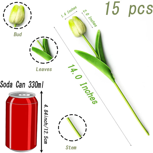 Fake Tulips 15pcs Real Touch PU Artificial Flower Assorted Colors | for Spring Kitchen Island and Dining Table Centerpieces, Wedding Bouquets, and Home Decor