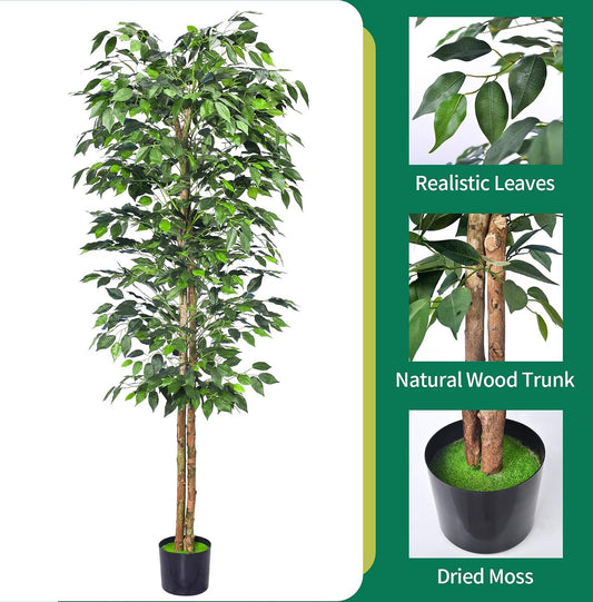 6FT Artificial Ficus Trees with Realistic Leaves and Natural Trunk, Faux Ficus Tree with Sturdy Plastic Nursery Pot, Fake Ficus Tree for Office Home Farmhouse for Indoor Outdoor Decor