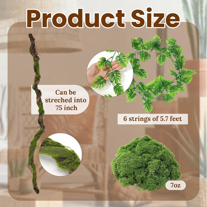 6 Pack Artificial Forest Branch Decor,75 Inch,Vines | Moss Covered Branches for Jungle Party bendable Artificial Tree Branch fake Tree Branch artificial Hanging Vines for Ceiling