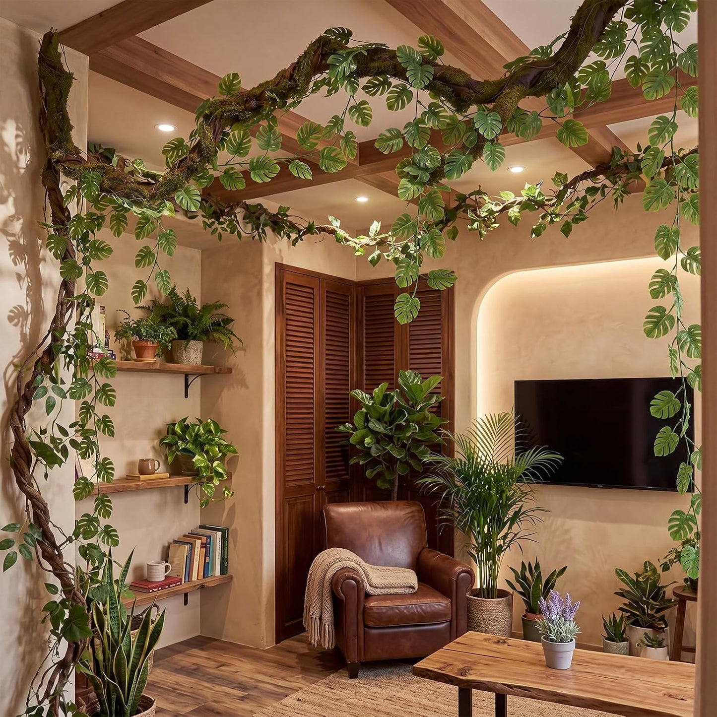 6 Pack Artificial Forest Branch Decor,75 Inch,Vines | Moss Covered Branches for Jungle Party bendable Artificial Tree Branch fake Tree Branch artificial Hanging Vines for Ceiling