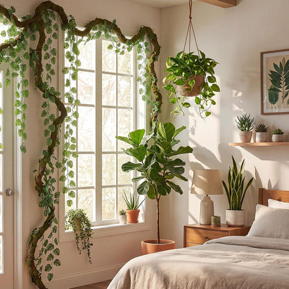 6 Pack Artificial Forest Branch Decor,75 Inch,Vines | Moss Covered Branches for Jungle Party bendable Artificial Tree Branch fake Tree Branch artificial Hanging Vines for Ceiling