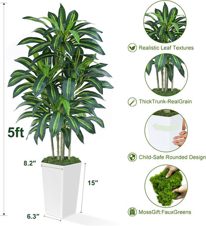 5FT Artificial Dracaena Tree - High-Density Foliage Fake Plant with White Tall Planter - Faux Yucca Floor Plant for Home Office Decor Indoor