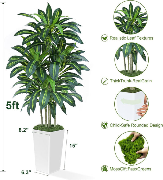 5FT Artificial Dracaena Tree - High-Density Foliage Fake Plant with White Tall Planter - Faux Yucca Floor Plant for Home Office Decor Indoor