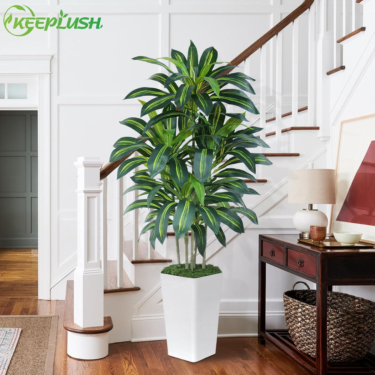 5FT Artificial Dracaena Tree - High-Density Foliage Fake Plant with White Tall Planter - Faux Yucca Floor Plant for Home Office Decor Indoor