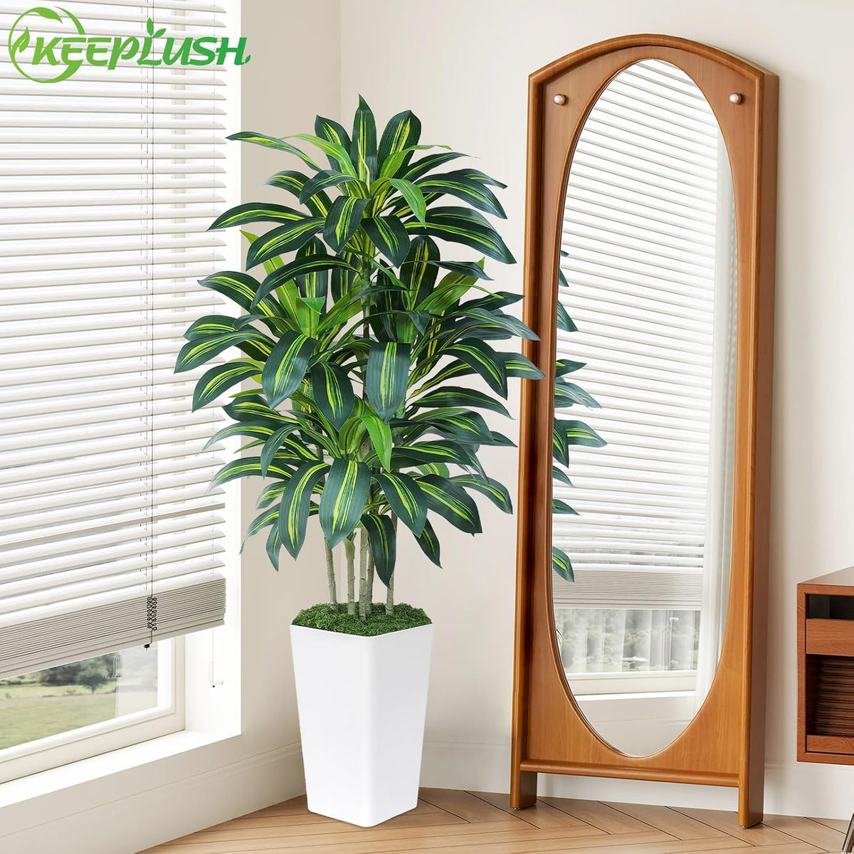 5FT Artificial Dracaena Tree - High-Density Foliage Fake Plant with White Tall Planter - Faux Yucca Floor Plant for Home Office Decor Indoor