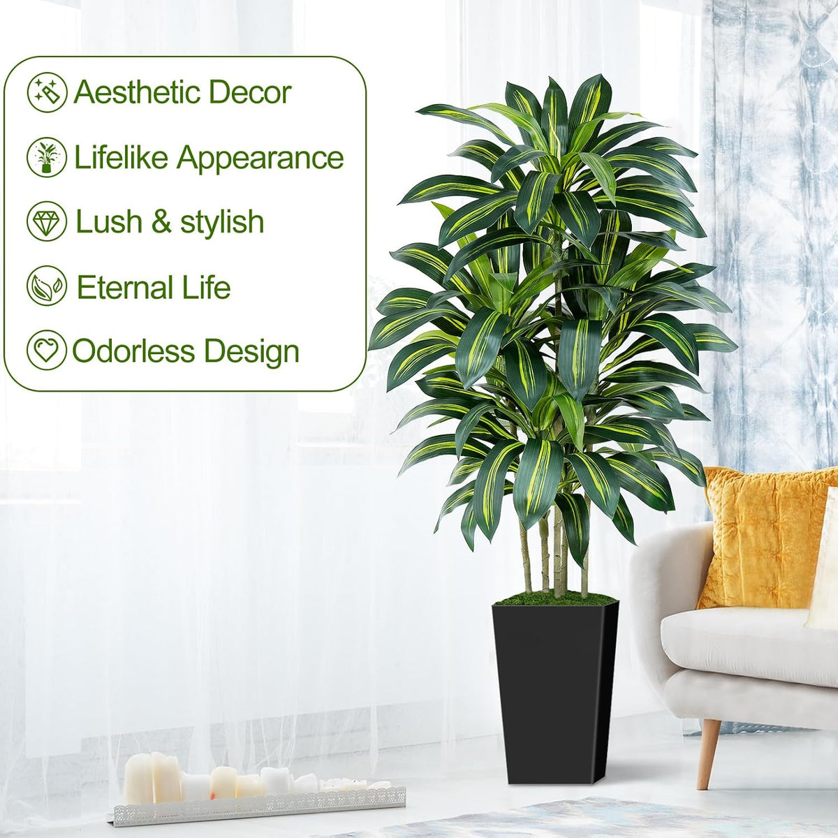 5FT Artificial Dracaena Tree - High-Density Foliage Fake Plant with White Tall Planter - Faux Yucca Floor Plant for Home Office Decor Indoor