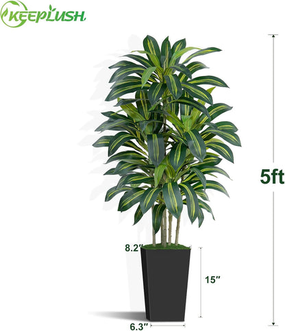 5FT Artificial Dracaena Tree - High-Density Foliage Fake Plant with White Tall Planter - Faux Yucca Floor Plant for Home Office Decor Indoor