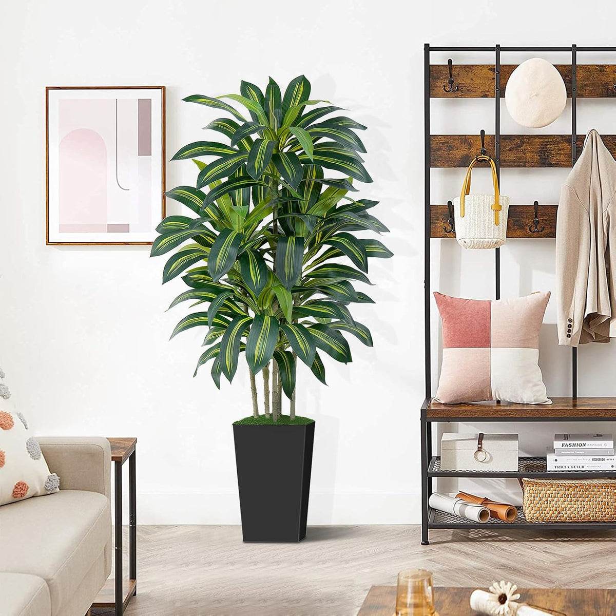 5FT Artificial Dracaena Tree - High-Density Foliage Fake Plant with White Tall Planter - Faux Yucca Floor Plant for Home Office Decor Indoor