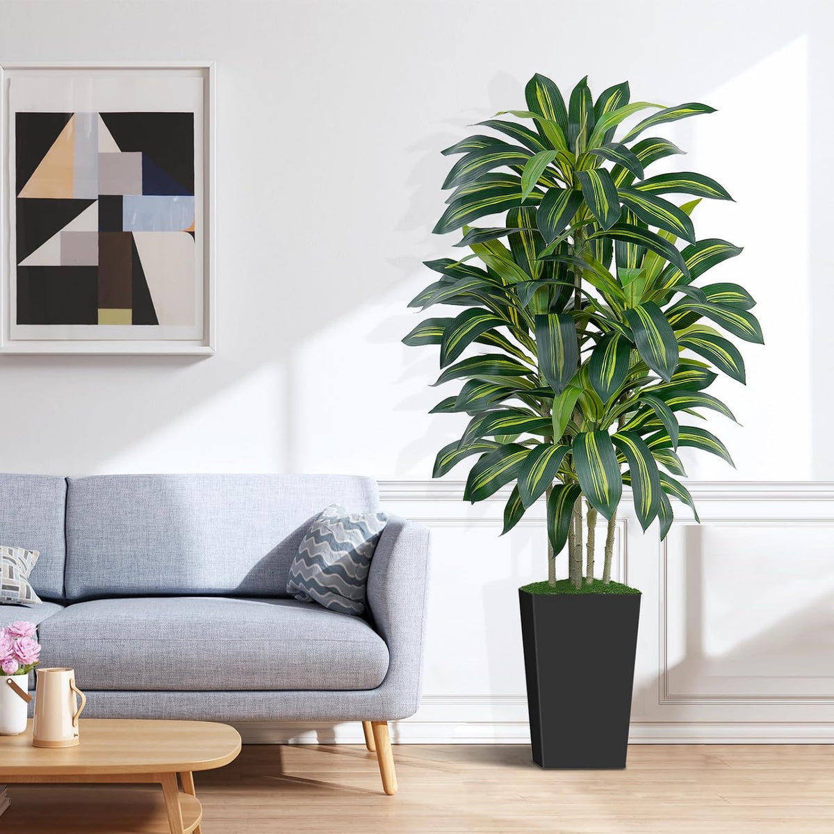 5FT Artificial Dracaena Tree - High-Density Foliage Fake Plant with White Tall Planter - Faux Yucca Floor Plant for Home Office Decor Indoor