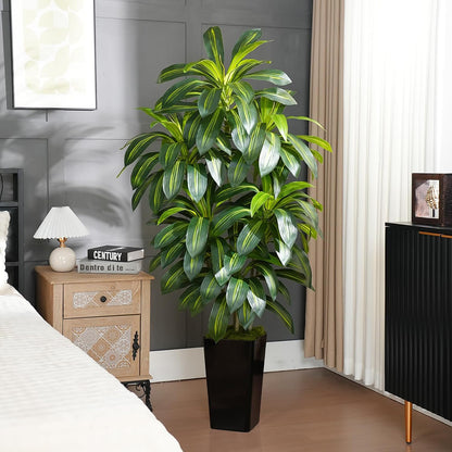5FT Artificial Dracaena Tree - High-Density Foliage Fake Plant with White Tall Planter - Faux Yucca Floor Plant for Home Office Decor Indoor