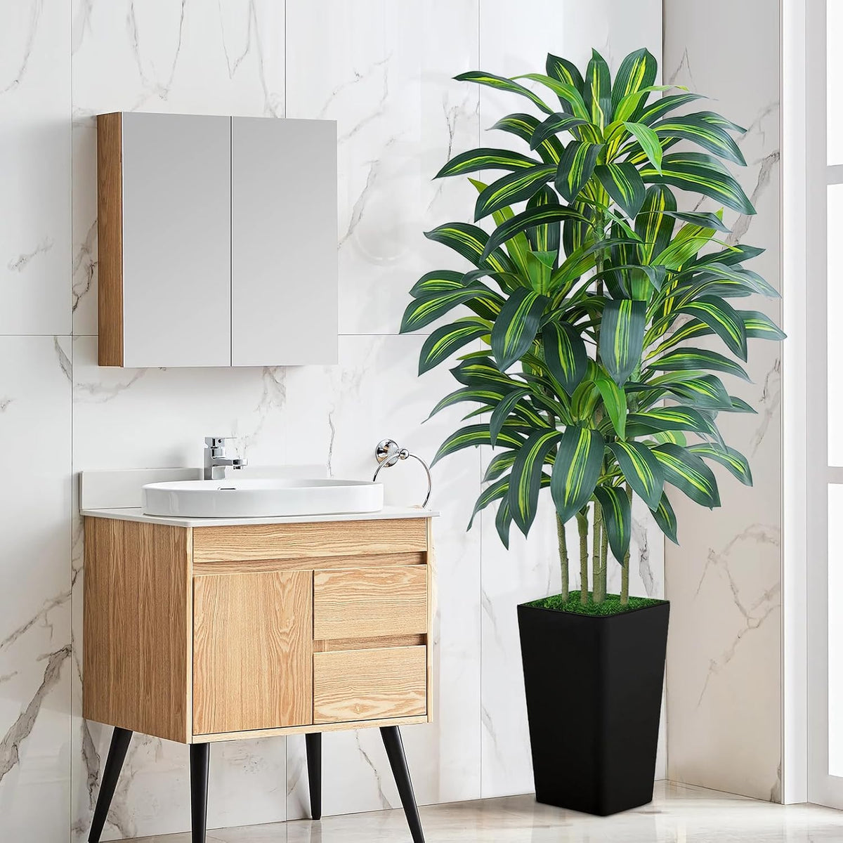 5FT Artificial Dracaena Tree - High-Density Foliage Fake Plant with White Tall Planter - Faux Yucca Floor Plant for Home Office Decor Indoor