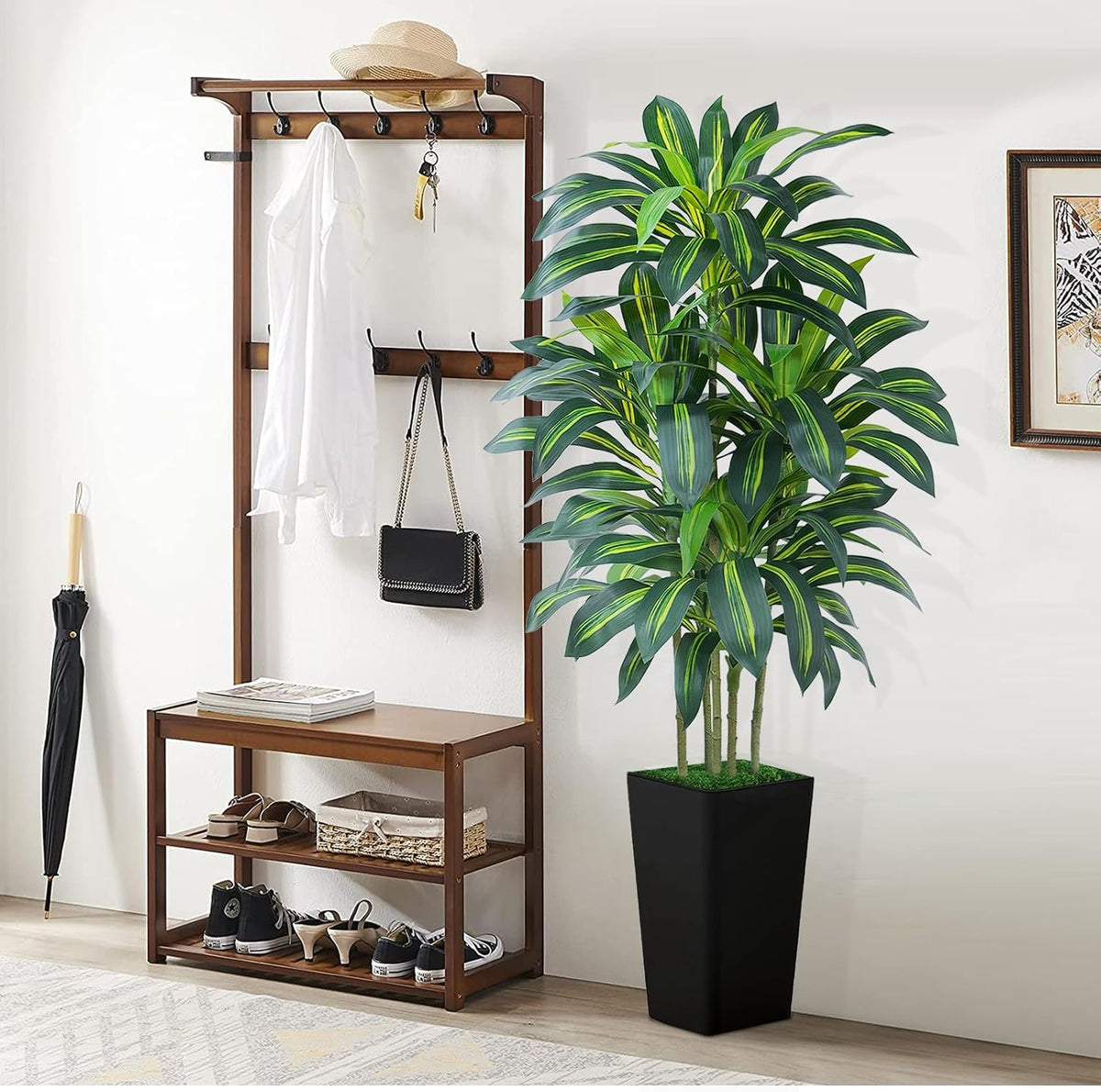5FT Artificial Dracaena Tree - High-Density Foliage Fake Plant with White Tall Planter - Faux Yucca Floor Plant for Home Office Decor Indoor