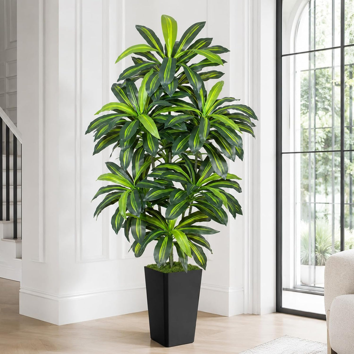 5FT Artificial Dracaena Tree - High-Density Foliage Fake Plant with White Tall Planter - Faux Yucca Floor Plant for Home Office Decor Indoor