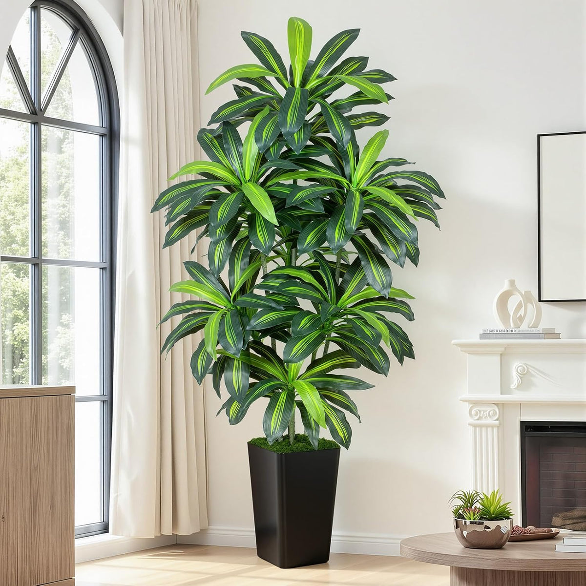 5FT Artificial Dracaena Tree - High-Density Foliage Fake Plant with White Tall Planter - Faux Yucca Floor Plant for Home Office Decor Indoor
