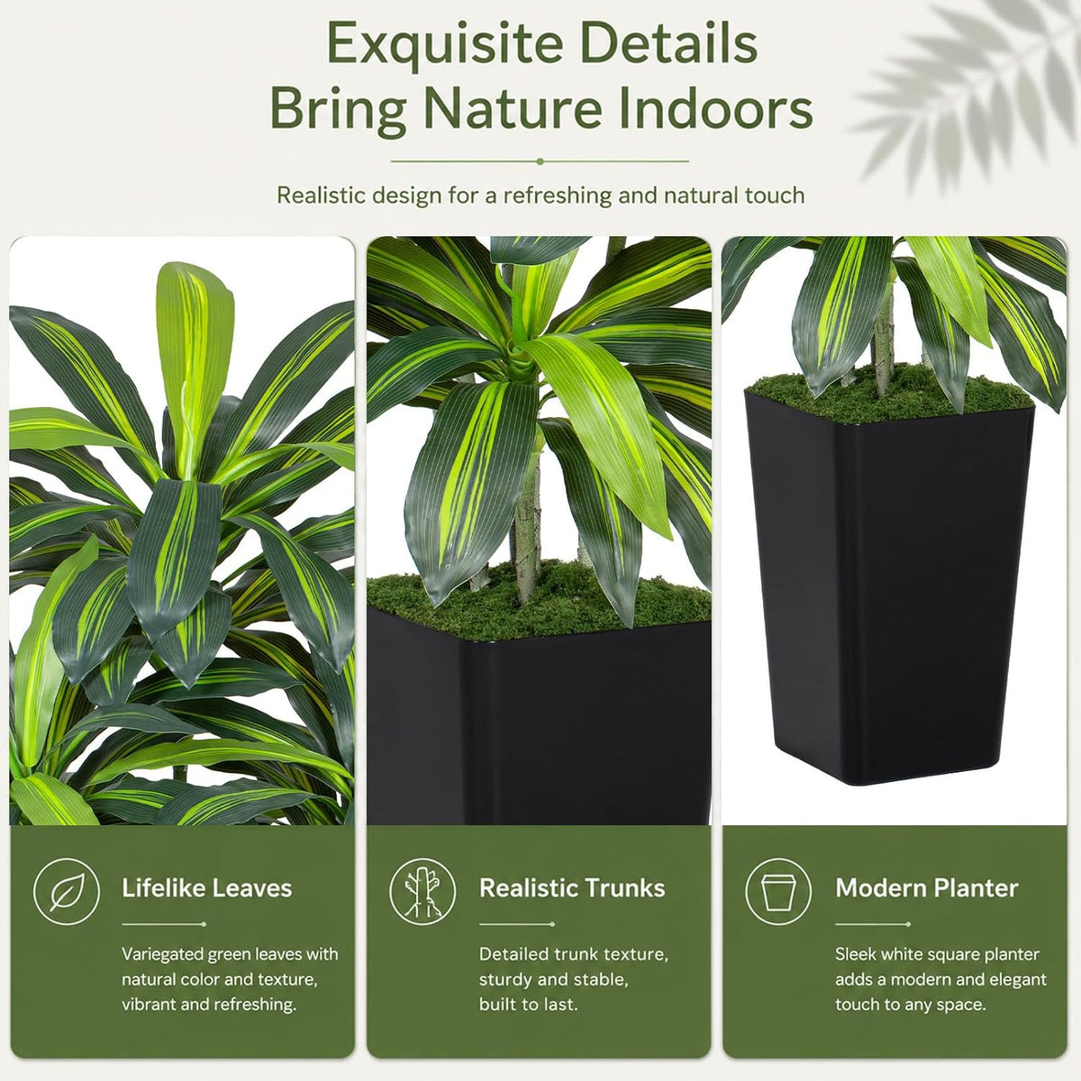 5FT Artificial Dracaena Tree - High-Density Foliage Fake Plant with White Tall Planter - Faux Yucca Floor Plant for Home Office Decor Indoor