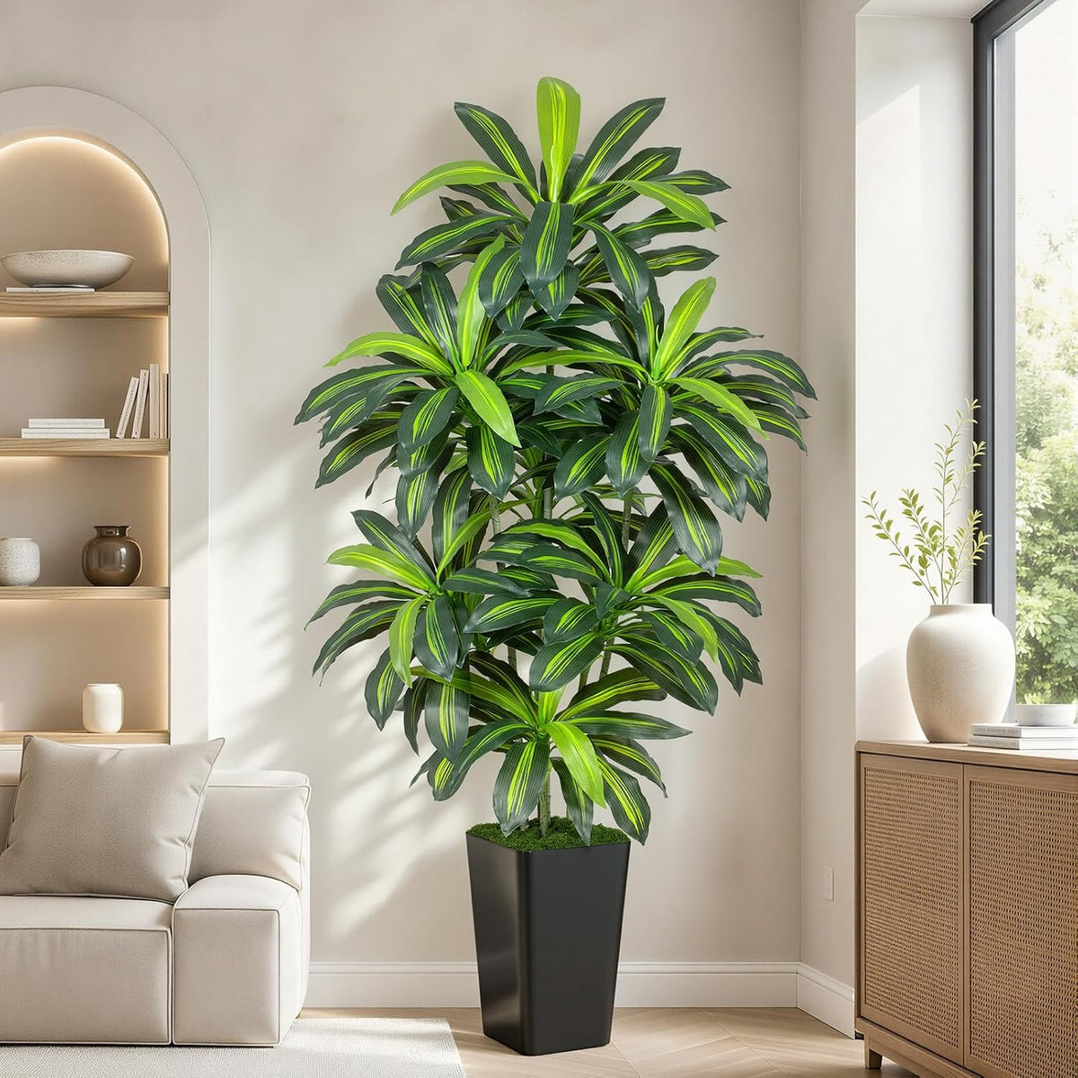 5FT Artificial Dracaena Tree - High-Density Foliage Fake Plant with White Tall Planter - Faux Yucca Floor Plant for Home Office Decor Indoor