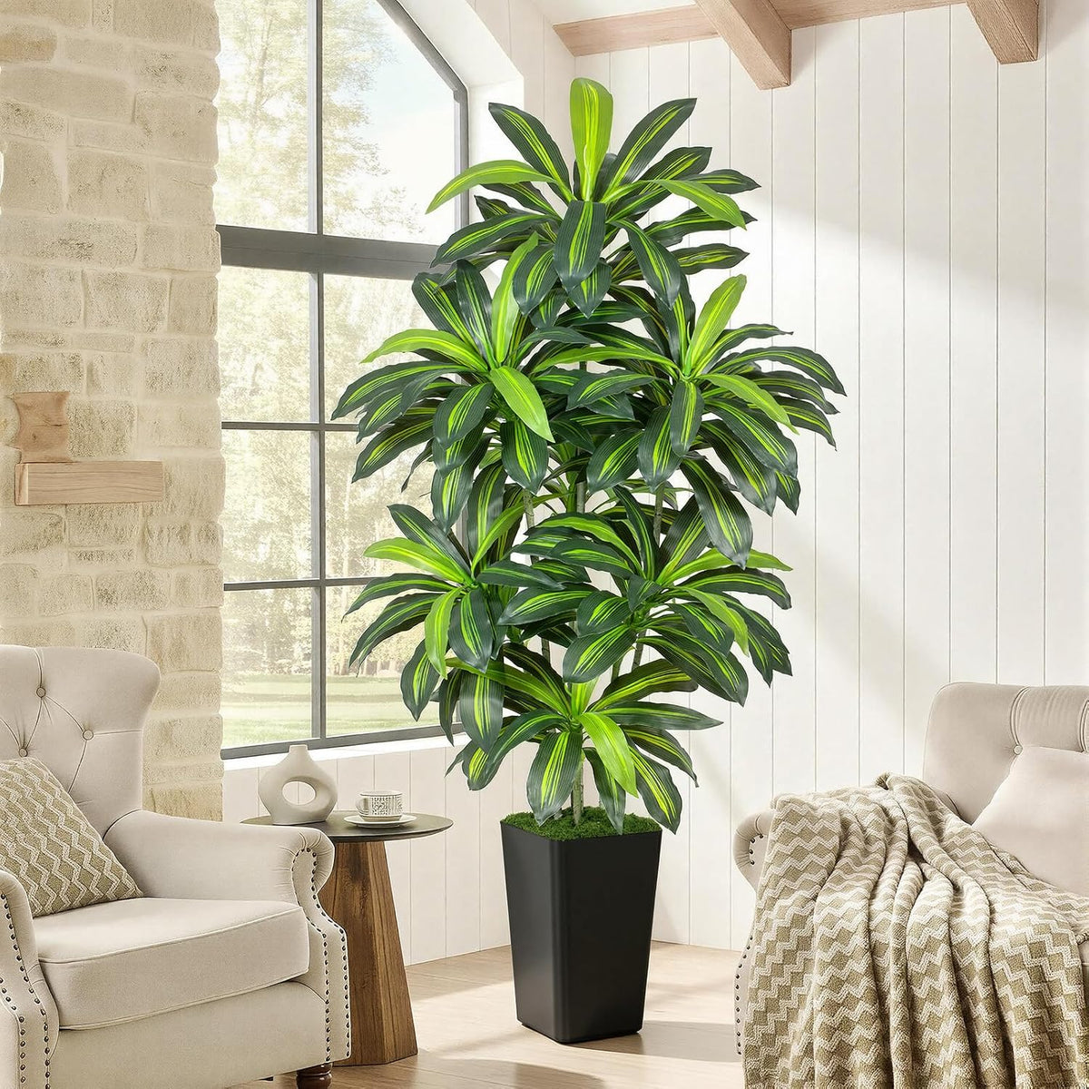 5FT Artificial Dracaena Tree - High-Density Foliage Fake Plant with White Tall Planter - Faux Yucca Floor Plant for Home Office Decor Indoor
