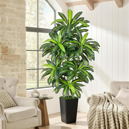 5FT Artificial Dracaena Tree - High-Density Foliage Fake Plant with White Tall Planter - Faux Yucca Floor Plant for Home Office Decor Indoor