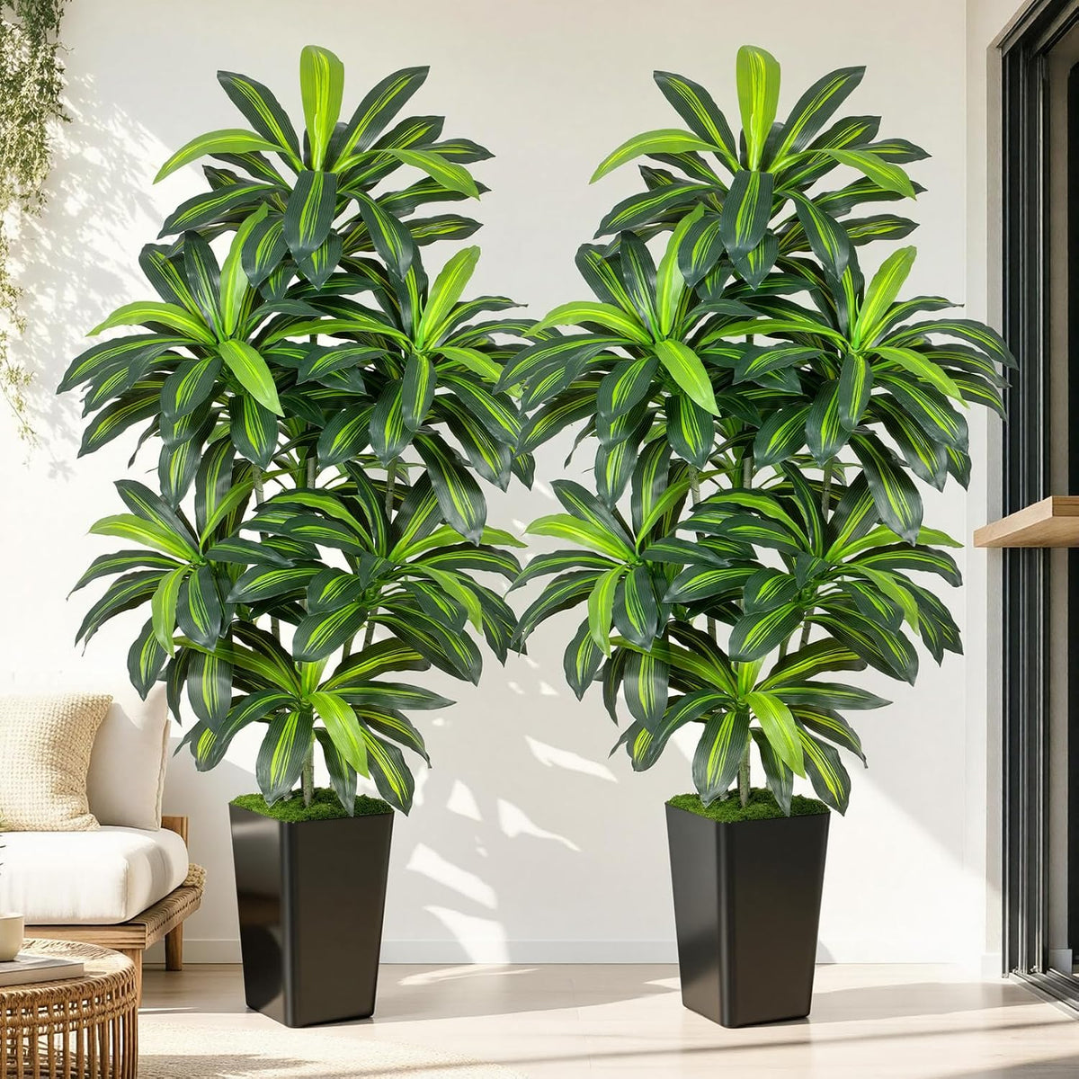 5FT Artificial Dracaena Tree - High-Density Foliage Fake Plant with White Tall Planter - Faux Yucca Floor Plant for Home Office Decor Indoor