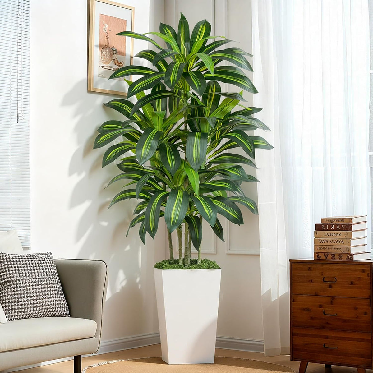 5FT Artificial Dracaena Tree - High-Density Foliage Fake Plant with White Tall Planter - Faux Yucca Floor Plant for Home Office Decor Indoor