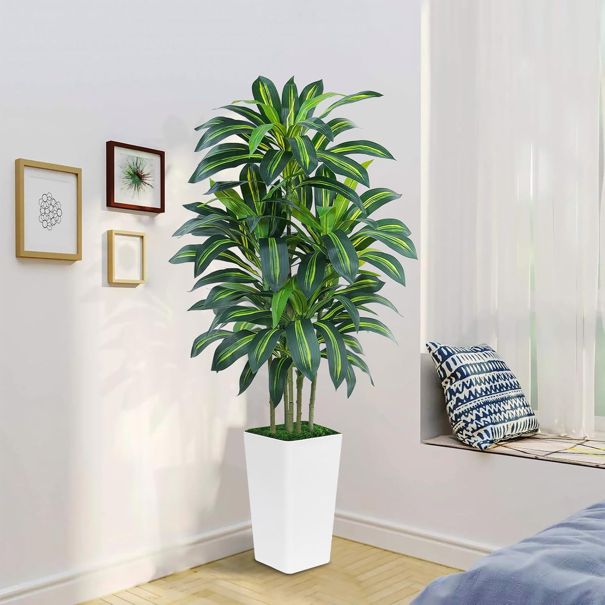 5FT Artificial Dracaena Tree - High-Density Foliage Fake Plant with White Tall Planter - Faux Yucca Floor Plant for Home Office Decor Indoor