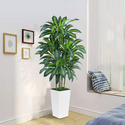 5FT Artificial Dracaena Tree - High-Density Foliage Fake Plant with White Tall Planter - Faux Yucca Floor Plant for Home Office Decor Indoor