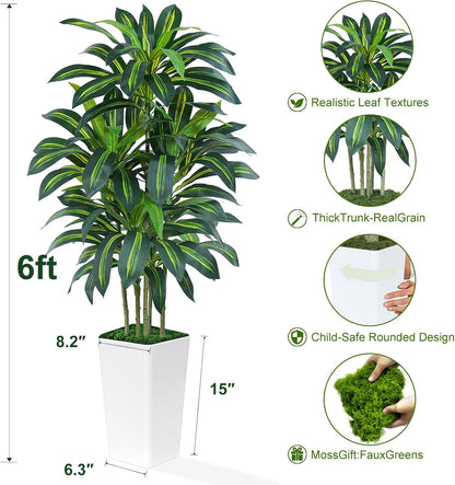 5FT Artificial Dracaena Tree - High-Density Foliage Fake Plant with White Tall Planter - Faux Yucca Floor Plant for Home Office Decor Indoor