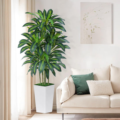 5FT Artificial Dracaena Tree - High-Density Foliage Fake Plant with White Tall Planter - Faux Yucca Floor Plant for Home Office Decor Indoor