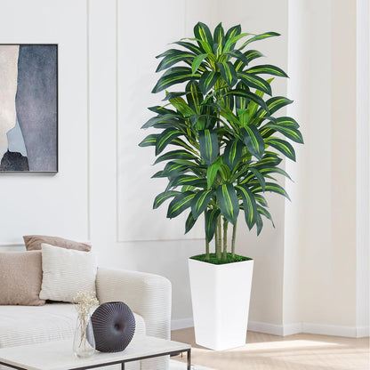 5FT Artificial Dracaena Tree - High-Density Foliage Fake Plant with White Tall Planter - Faux Yucca Floor Plant for Home Office Decor Indoor
