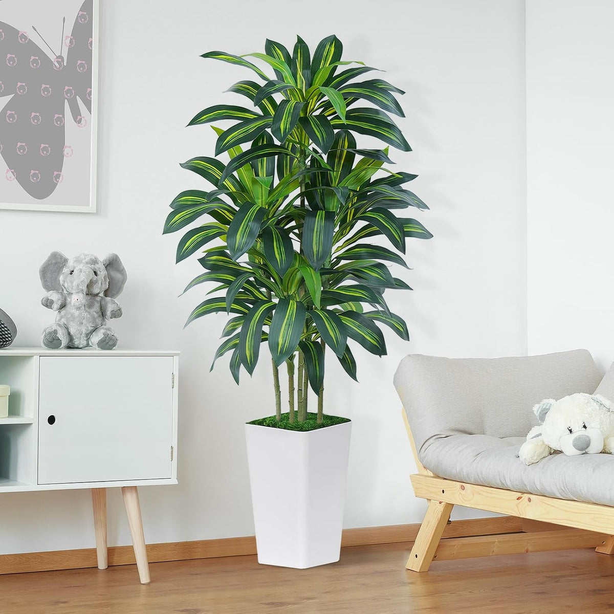 5FT Artificial Dracaena Tree - High-Density Foliage Fake Plant with White Tall Planter - Faux Yucca Floor Plant for Home Office Decor Indoor