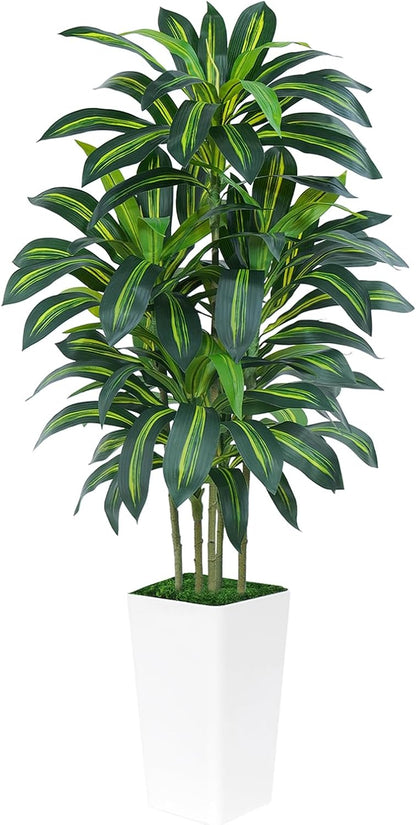 5FT Artificial Dracaena Tree - High-Density Foliage Fake Plant with White Tall Planter - Faux Yucca Floor Plant for Home Office Decor Indoor
