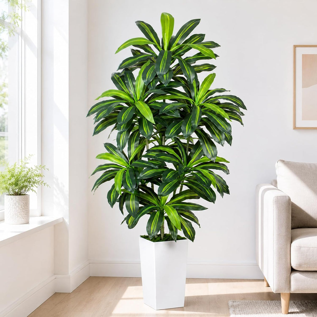 5FT Artificial Dracaena Tree - High-Density Foliage Fake Plant with White Tall Planter - Faux Yucca Floor Plant for Home Office Decor Indoor