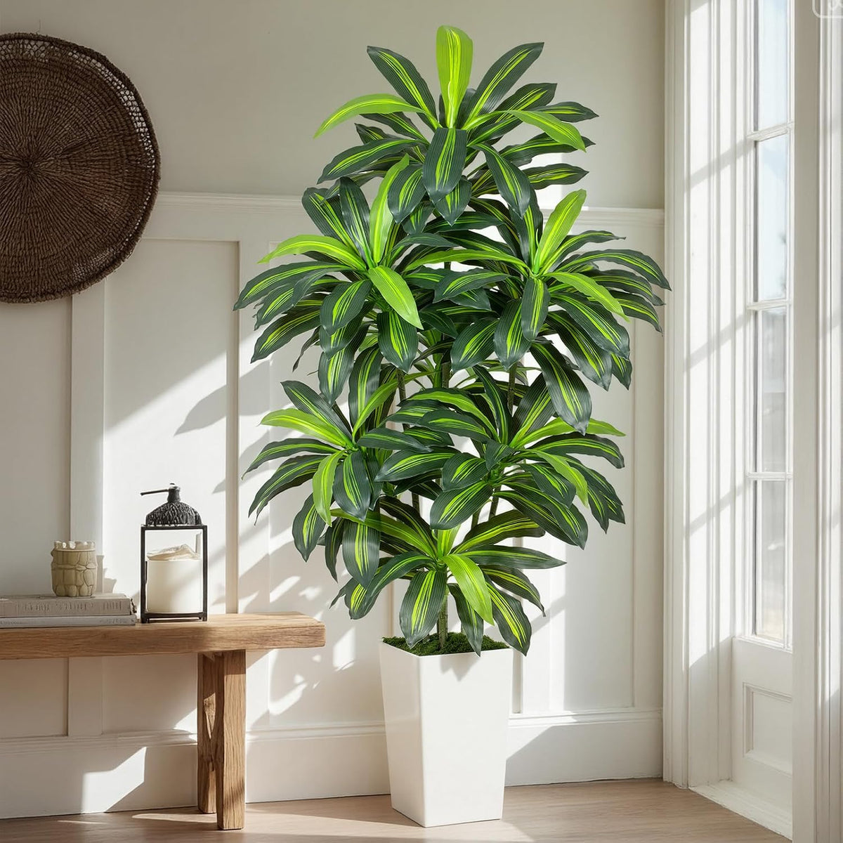 5FT Artificial Dracaena Tree - High-Density Foliage Fake Plant with White Tall Planter - Faux Yucca Floor Plant for Home Office Decor Indoor