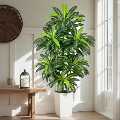 5FT Artificial Dracaena Tree - High-Density Foliage Fake Plant with White Tall Planter - Faux Yucca Floor Plant for Home Office Decor Indoor