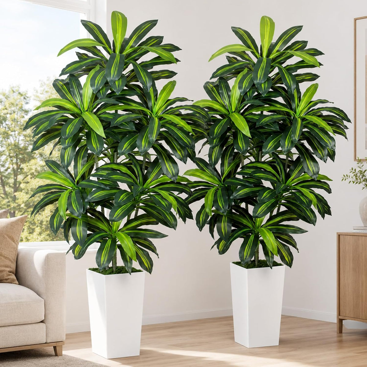 5FT Artificial Dracaena Tree - High-Density Foliage Fake Plant with White Tall Planter - Faux Yucca Floor Plant for Home Office Decor Indoor