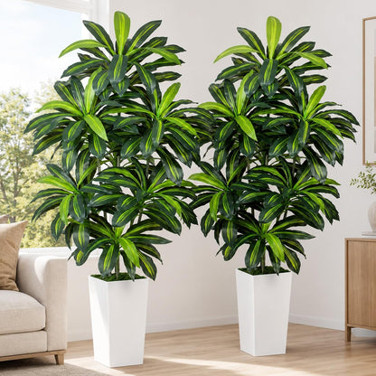 5FT Artificial Dracaena Tree - High-Density Foliage Fake Plant with White Tall Planter - Faux Yucca Floor Plant for Home Office Decor Indoor