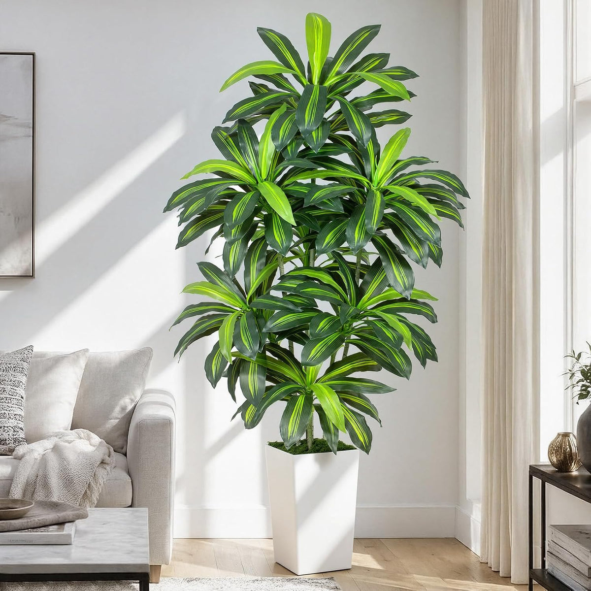 5FT Artificial Dracaena Tree - High-Density Foliage Fake Plant with White Tall Planter - Faux Yucca Floor Plant for Home Office Decor Indoor