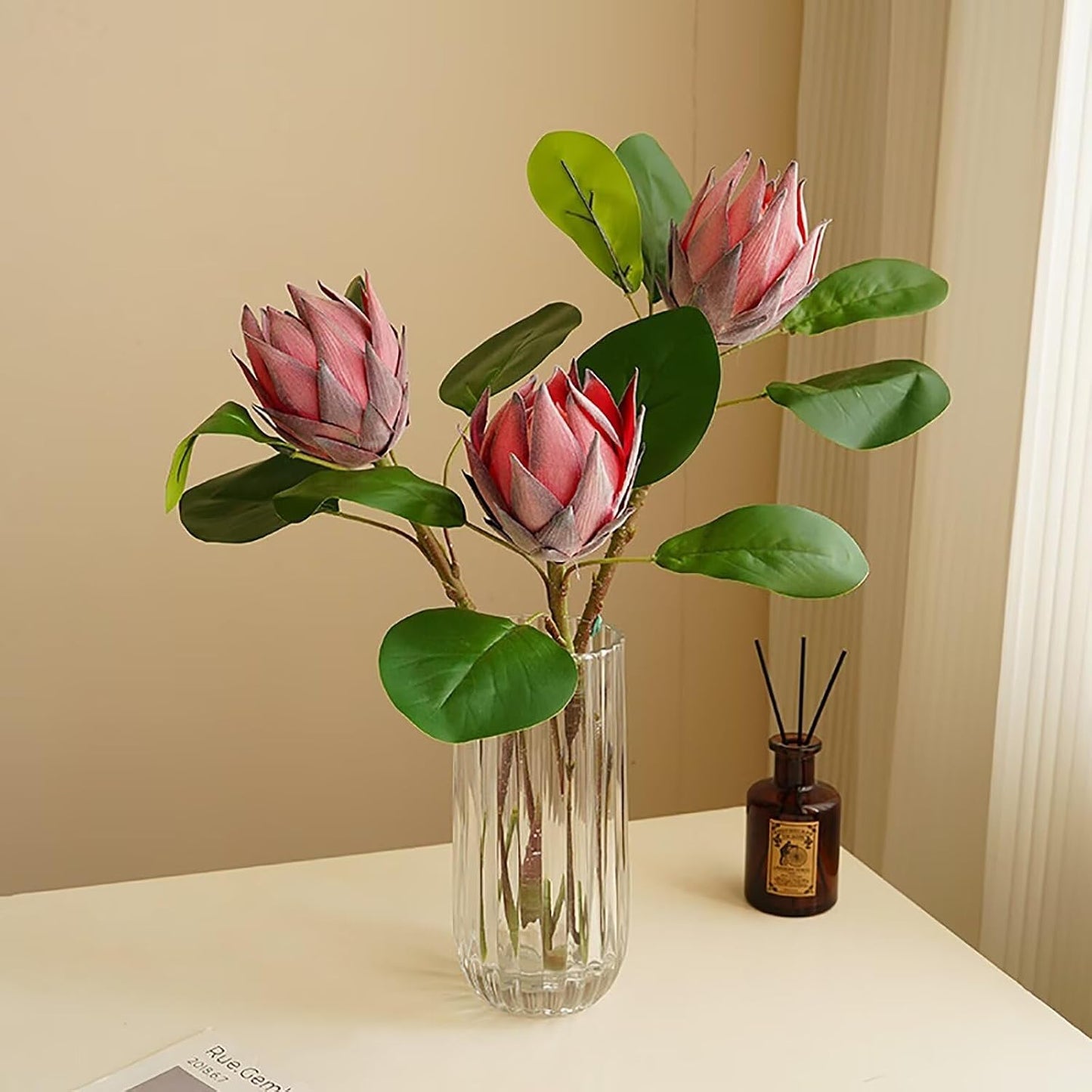 3Pcs Artificial King Protea Flowers Hot Pink Protea Cynaoides Flowers Real Touch Faux Protea Flowers Bouquet Flower Arrangements for Home Garden Wedding Party Decoration