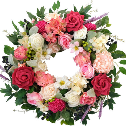22 Inch Spring/Summer Floral Wreaths for Front Door,Artificial Decoration Wreath with Rose Dahlia Hydrangea for Home Valentine Wedding Mothers Day Decor(RED)