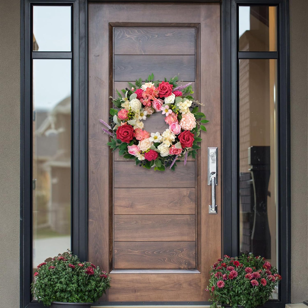 22 Inch Spring/Summer Floral Wreaths for Front Door,Artificial Decoration Wreath with Rose Dahlia Hydrangea for Home Valentine Wedding Mothers Day Decor(RED)