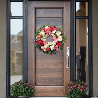22 Inch Spring/Summer Floral Wreaths for Front Door,Artificial Decoration Wreath with Rose Dahlia Hydrangea for Home Valentine Wedding Mothers Day Decor(RED)