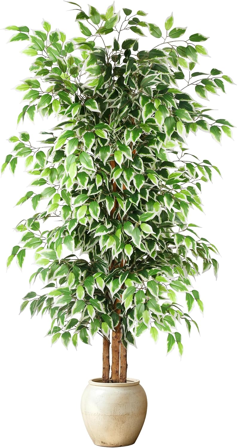6FT Artificial Ficus Tree with Natural Wood Trunk (NO VASE Included) | Tall Faux Trees Indoor, Dense Foliage, Fake Silk Tree Fake Plants for Home Decor Living Room Outdoor Balcony House Office